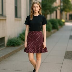 Gap VTG Vintage 100% Silk Flared Knee Length Floral Skirt Burgundy Size 2